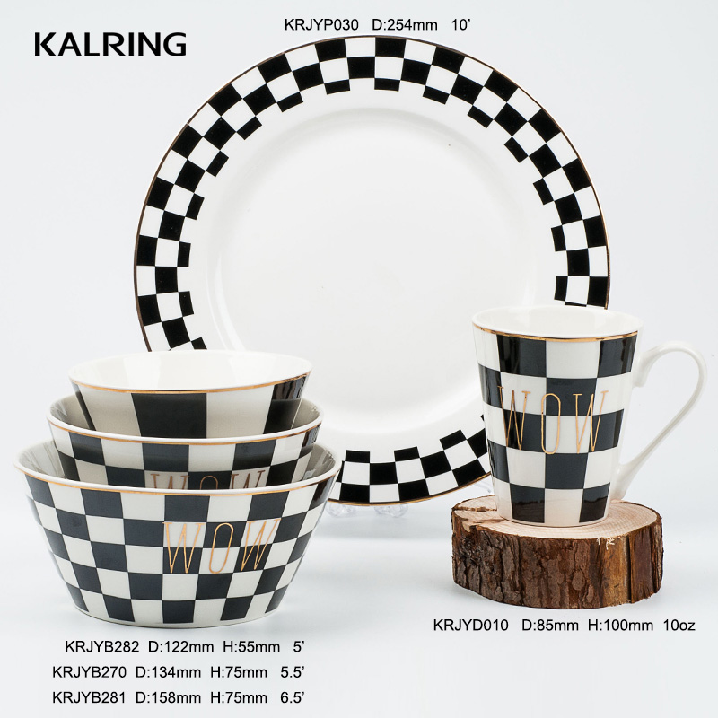 Ceramic tableware with black and white classic lattice