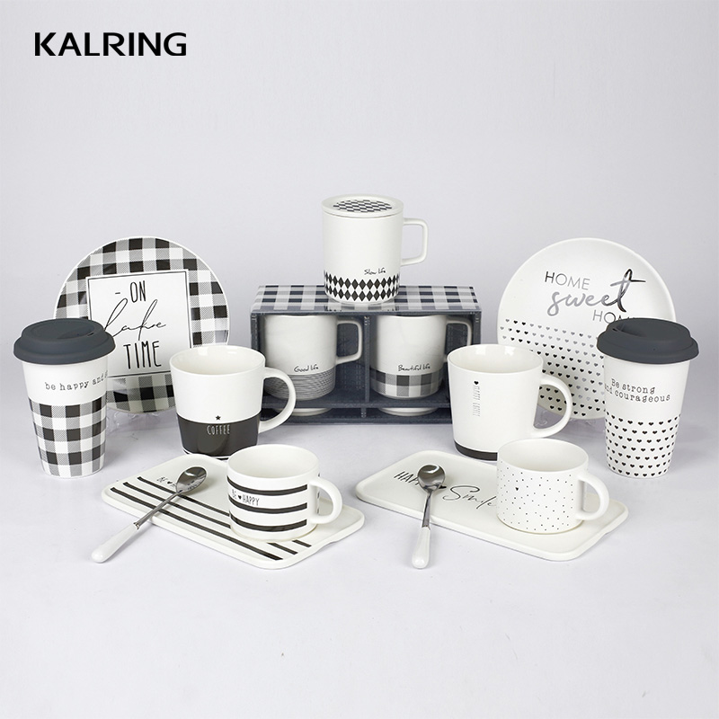 Ceramic dinner sets with matte black and white squares decal design