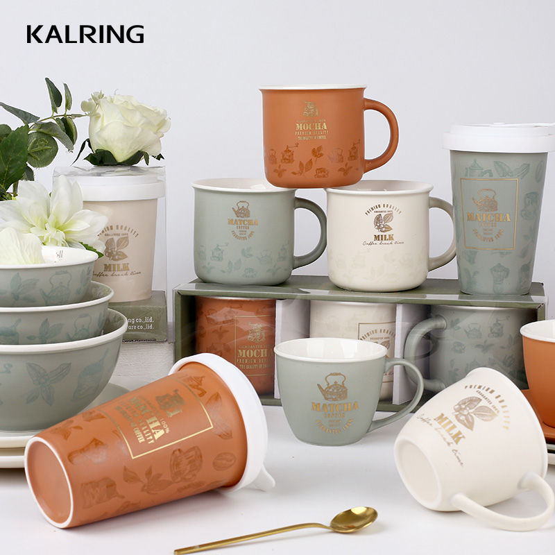 Ceramic mug coffee mug with matt glaze with golden decal printing for wholesale