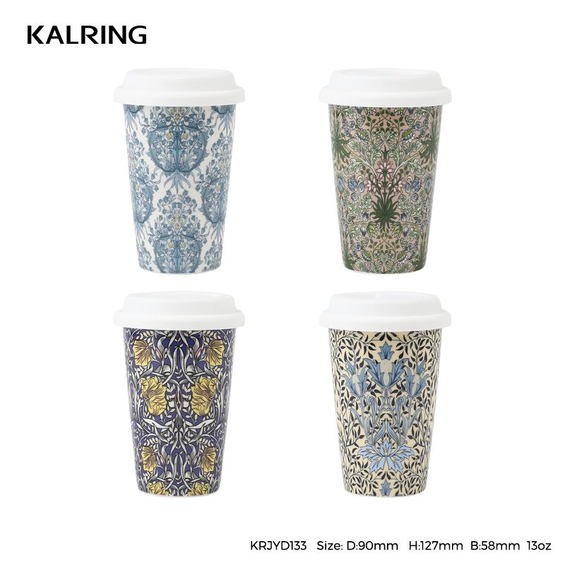 Ceramic mug gift mug with full flower decal priting with golden rim for household