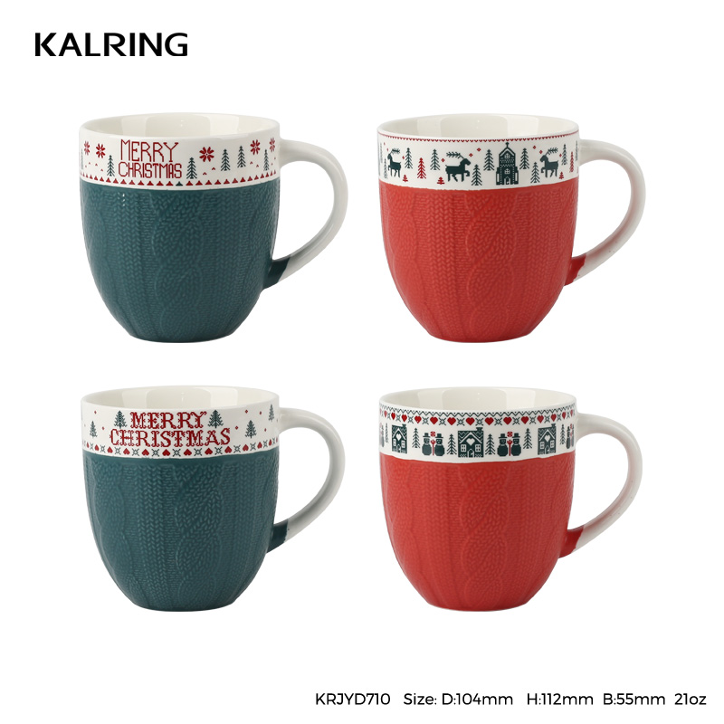 Chrismas mug with embossed mug with color glaze mug with decal for festival