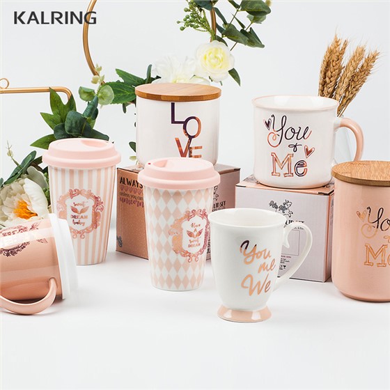 New bone China mug travel mug with silicone lid without handle, Rose  gold