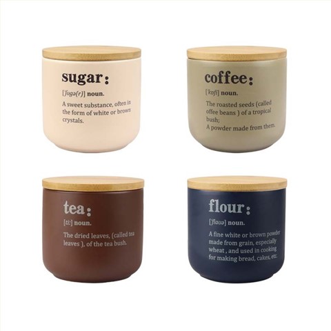 Ceramic Tea & Sugar Storage Jars with Bamboo Lids, 500ml Kitchen Canisters Set