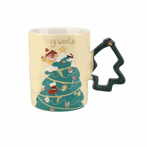 Christmas - Themed Ceramic Mugs with Tree - Shaped Handles, Festive 380ml Drinkware Christmas - Themed Ceramic Mugs with Tree - Shaped Handles, Festive 380ml Drinkware