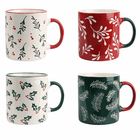 Christmas Botanical Ceramic Mugs, Festive 480ml Drinkware for Hot Beverages Christmas Botanical Ceramic Mugs, Festive 480ml Drinkware for Hot Beverages