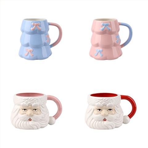 Christmas 3D Design Ceramic Mugs Set - Santa & Bow Motif Festive Drinkware (2 Styles)