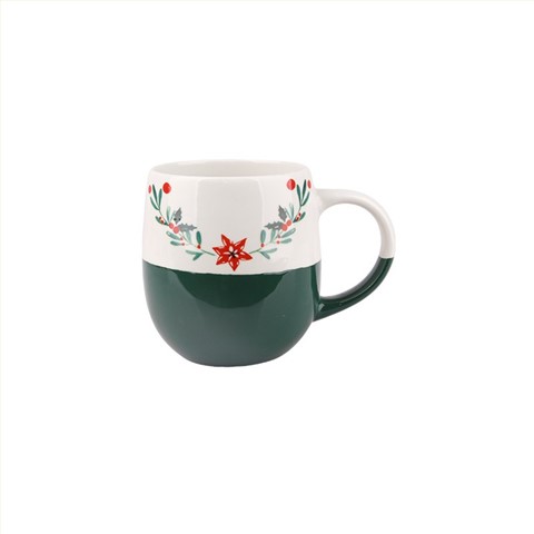 470ml Christmas Two-Tone Ceramic Mugs Set - 4-Piece Festive Drinkware with Ornament & Wreath Designs