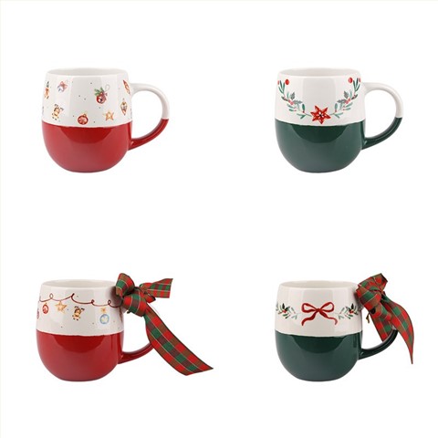 470ml Christmas Two-Tone Ceramic Mugs Set - 4-Piece Festive Drinkware with Ornament & Wreath Designs