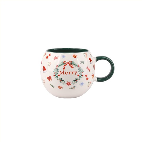 470ml Christmas Themed Ceramic Mugs Set - 4-Piece Festive Drinkware with Wreath, Snowflake Designs