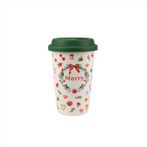 370ml Christmas Themed Ceramic Travel Mugs Set - 4-Piece Festive Drinkware with Wreath, Plaid Design 370ml Christmas Themed Ceramic Travel Mugs Set - 4-Piece Festive Drinkware with Wreath, Plaid Design