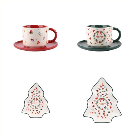 Christmas Tree-Shaped Plates & Mug-Saucer Sets - Festive Tableware Collection