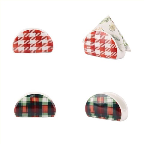 4-Piece Christmas Plaid Half-Moon Ceramic Dishes - Festive Snack & Decor Plates Set