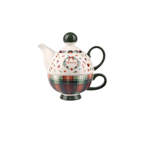 2-in-1 Christmas Plaid Teapot & Mug Set - Festive 230ml/380ml Drinkware with Gift Box
