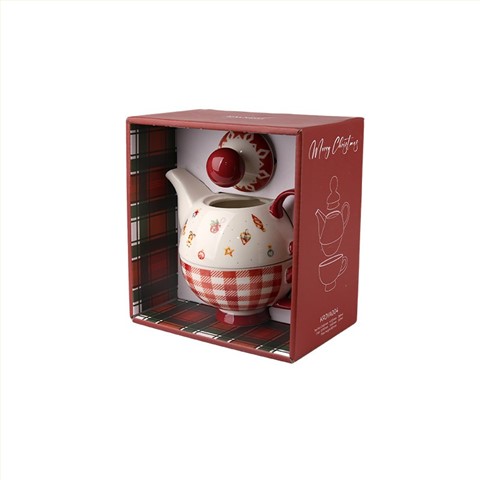 2-in-1 Christmas Plaid Teapot & Mug Set - Festive 230ml/380ml Drinkware with Gift Box
