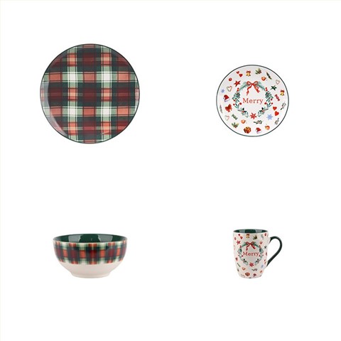 Christmas Plaid & Wreath Dinnerware Set - Plate, Bowl, Mug Festive Tableware Collection