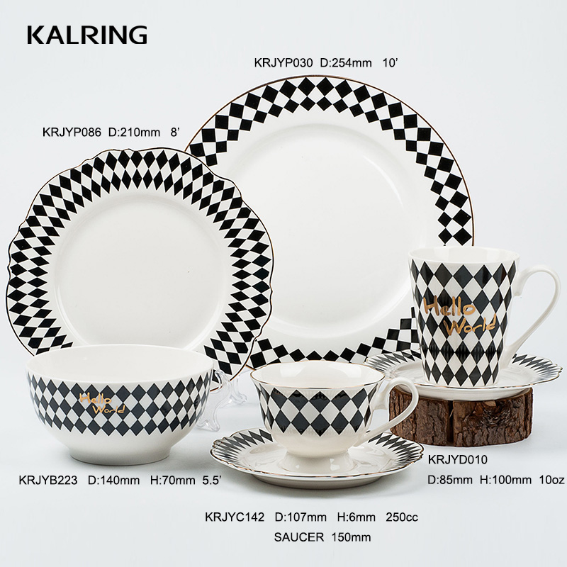 Ceramic tableware with black and white classic lattice