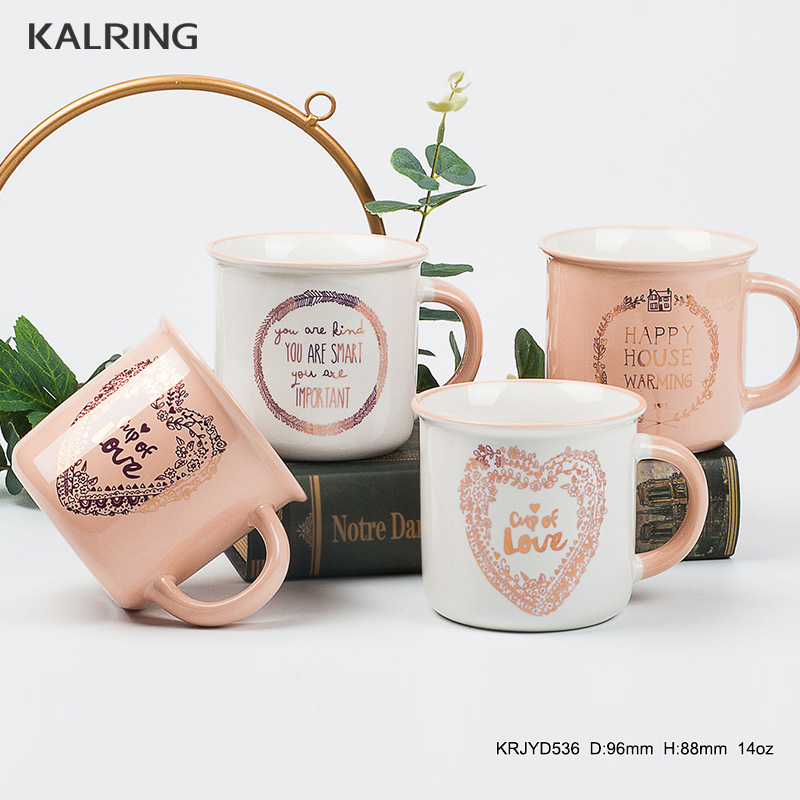 Ceramic mug enamel mug 14oz with rose golden decal design