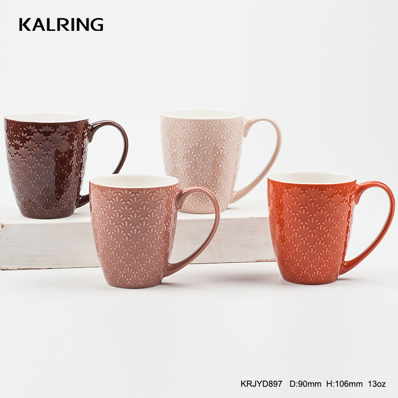 Ceramic mug embossed gift mug with bright solid color glaze standard shape