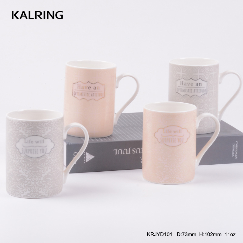 Porcelain mug stackable mug with dull polish decal