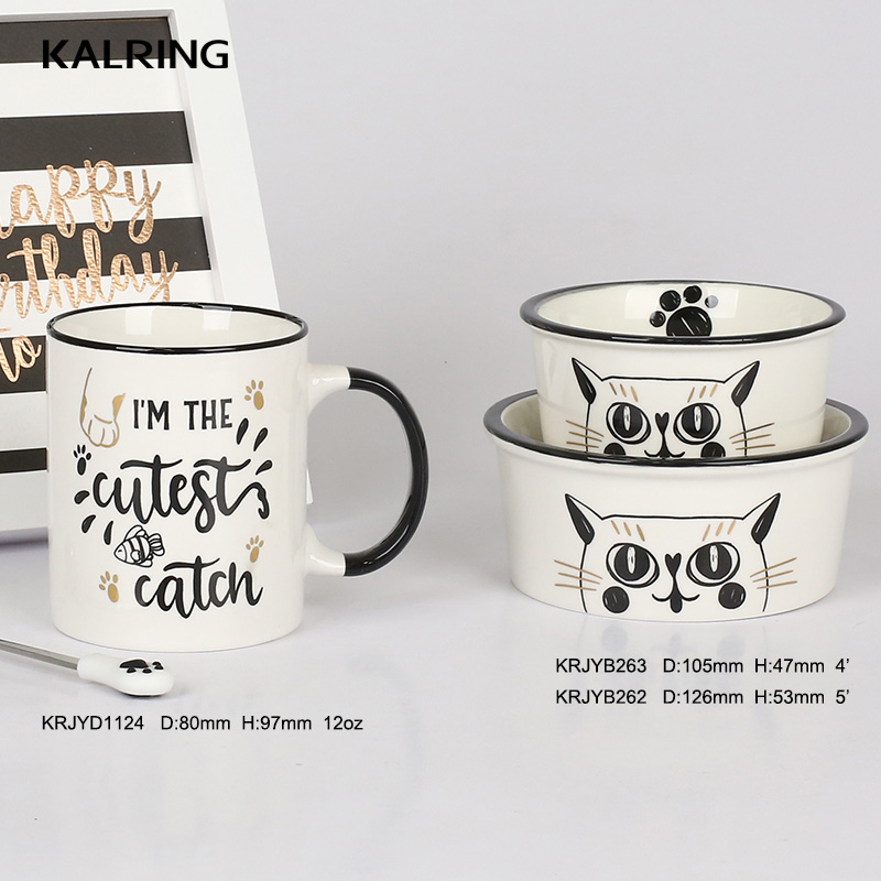 Porcelain mug  new bone china mug with cover ceramic bowl and mug with spoon with cat design