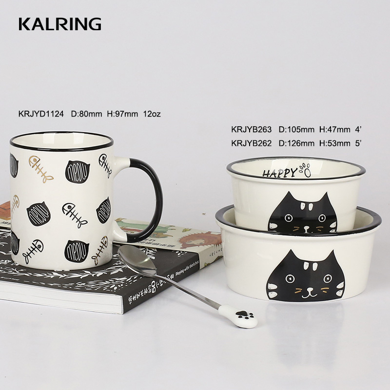 Porcelain mug  new bone china mug with cover ceramic bowl and mug with spoon with cat design