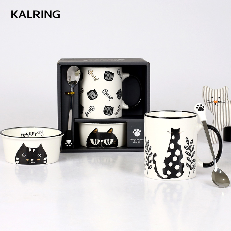 Porcelain mug  new bone china mug with cover ceramic bowl and mug with spoon with cat design