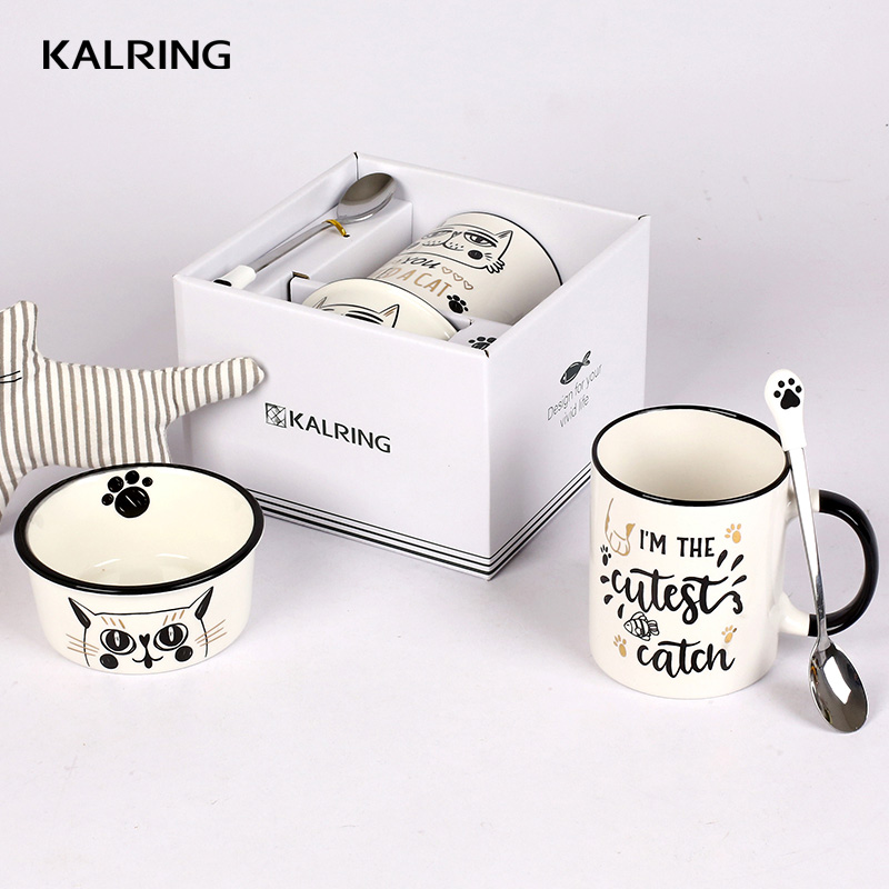 Porcelain mug  new bone china mug with cover ceramic bowl and mug with spoon with cat design