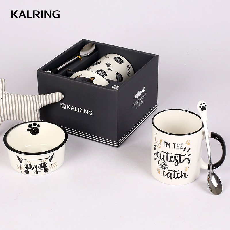 Porcelain mug  new bone china mug with cover ceramic bowl and mug with spoon with cat design