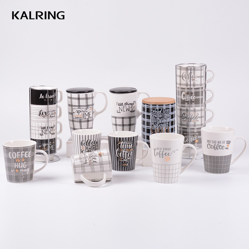 The New bone china mirror ceramic mug creative thermos coffee cup with  black and white grid line de