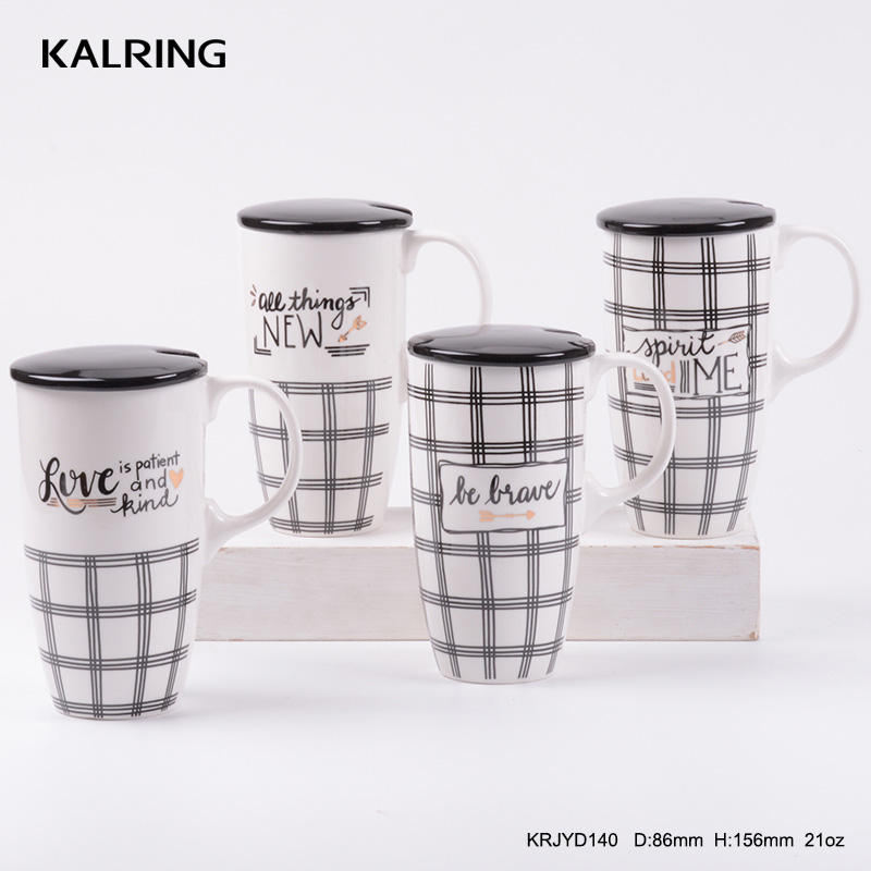 The New bone china mirror ceramic mug creative thermos coffee cup with  black and white grid line de