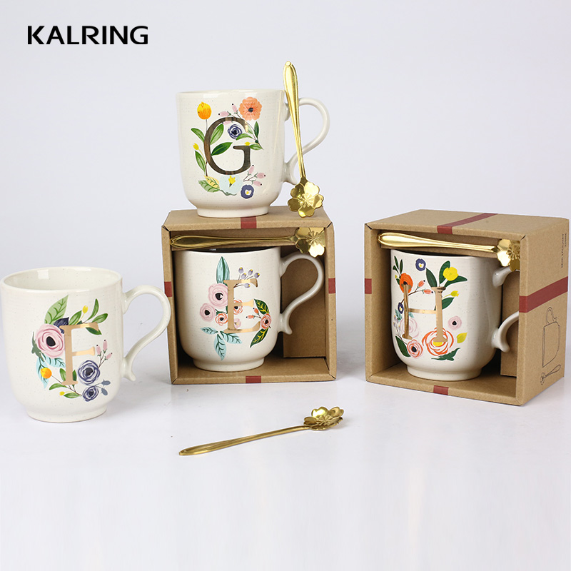 New bone China mug with gold letter pattern with gold spoon