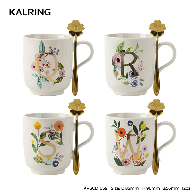 New bone China mug with gold letter pattern with gold spoon