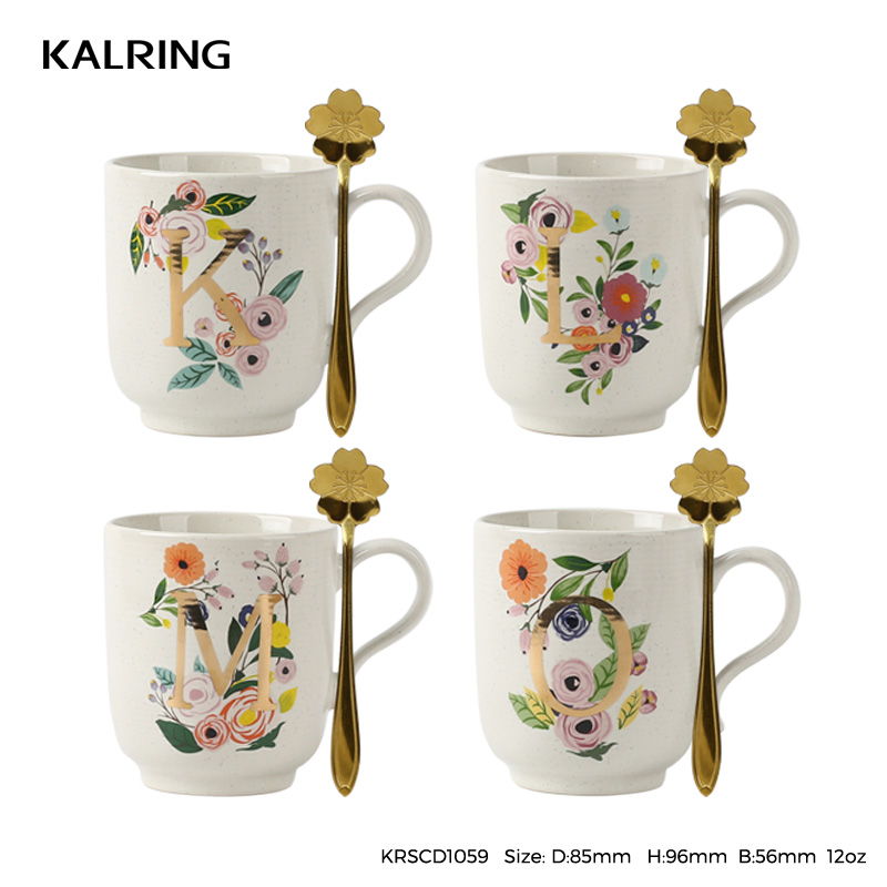 New bone China mug with gold letter pattern with gold spoon