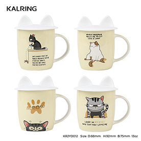 Four colors bone China mug with silicone lid with cat pattern