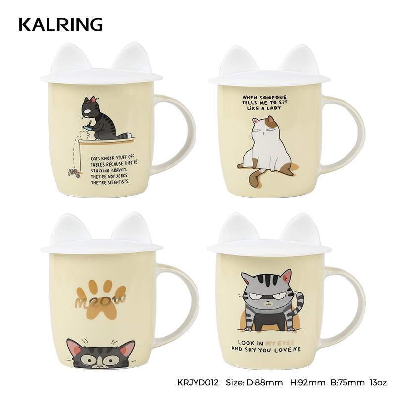 Four colors bone China mug with silicone lid with cat pattern