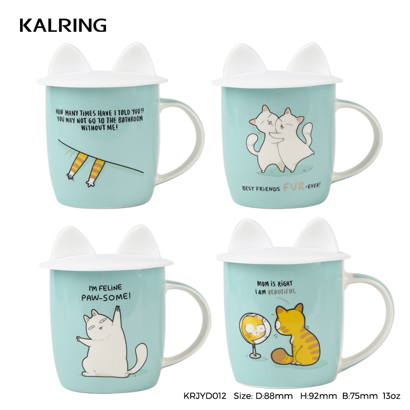 Four colors bone China mug with silicone lid with cat pattern