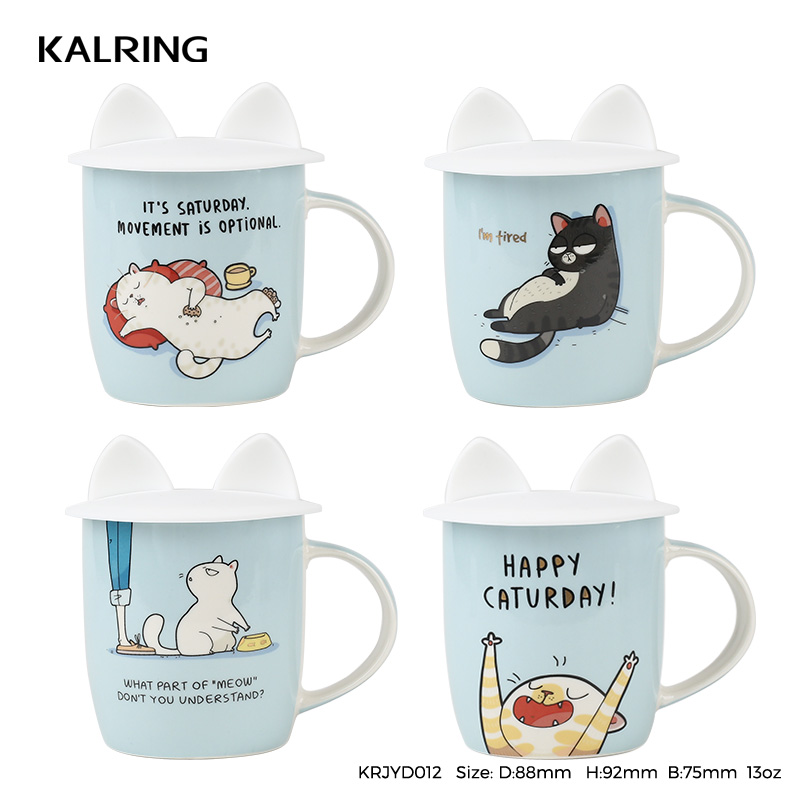Four colors bone China mug with silicone lid with cat pattern