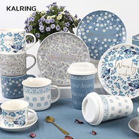 Tableware with retro design with blue and grey color