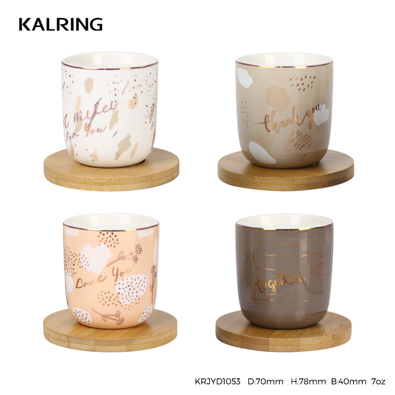 3oz ceramic cup with champagne golden with bamboo stand