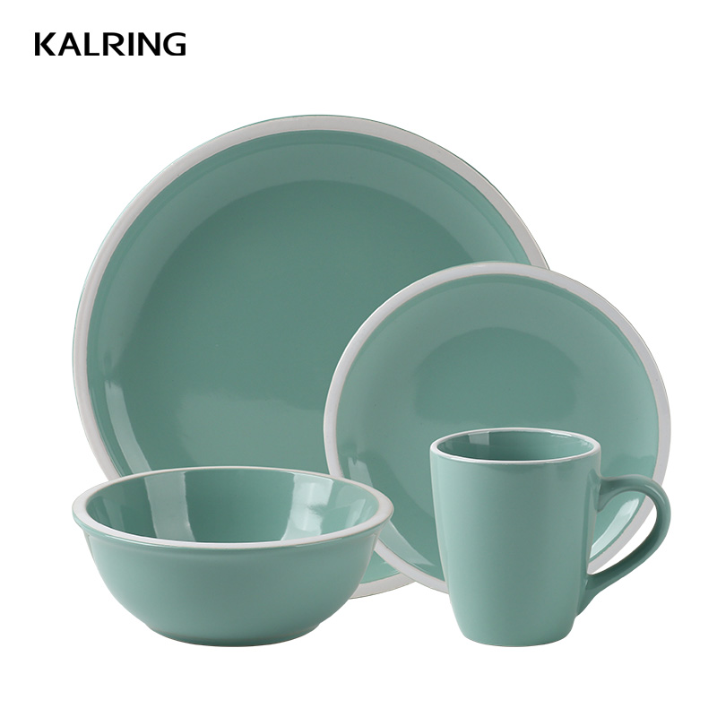 Dinner set with solid color glazed with white rim for supermarket