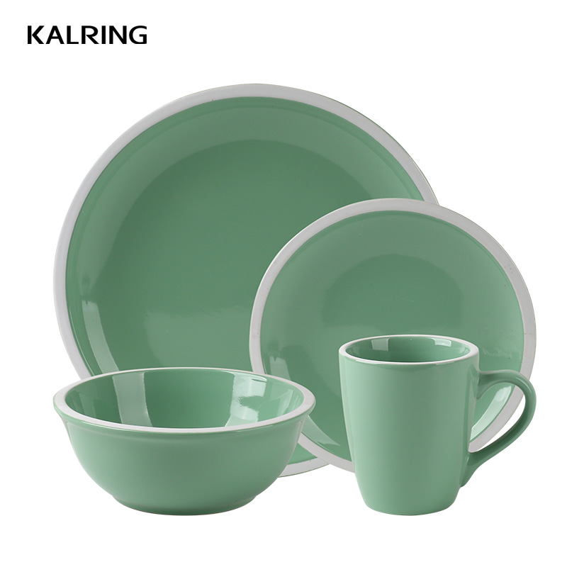 Dinner set with solid color glazed with white rim for supermarket