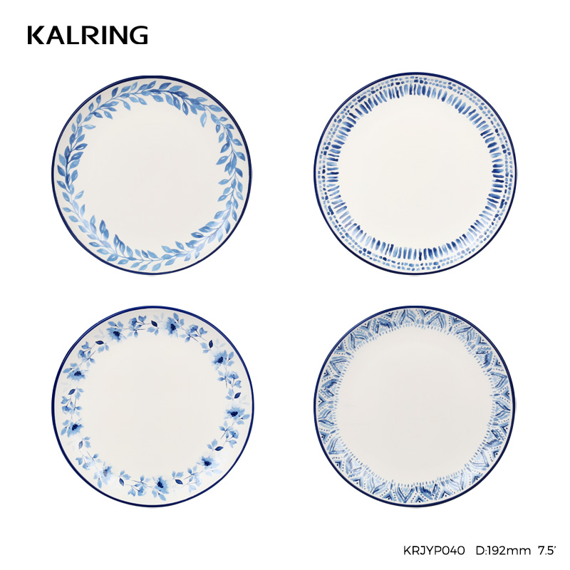 Ceramic dinner set with mug plate bowl with matt glaze with color rim and hanlde with watercolor des