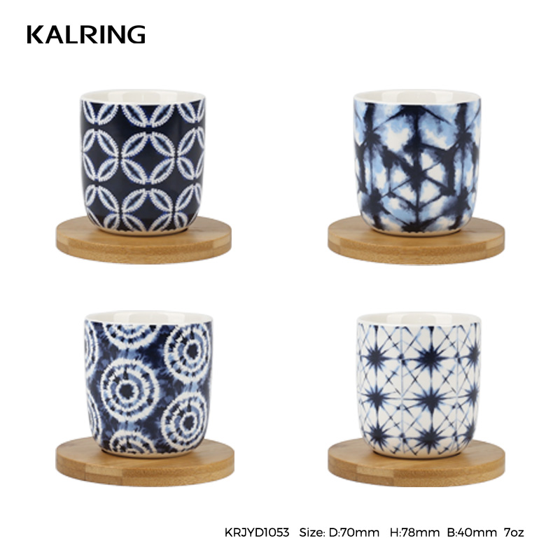 Ceramic mug gift mug with silicon cover and bamboo mat for elegant dark blue design for wholesale