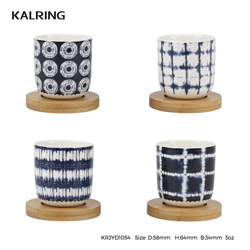 Ceramic mug gift mug with silicon cover and bamboo mat for elegant dark blue design for wholesale