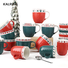 Chrismas mug with embossed mug with color glaze mug with decal for festival