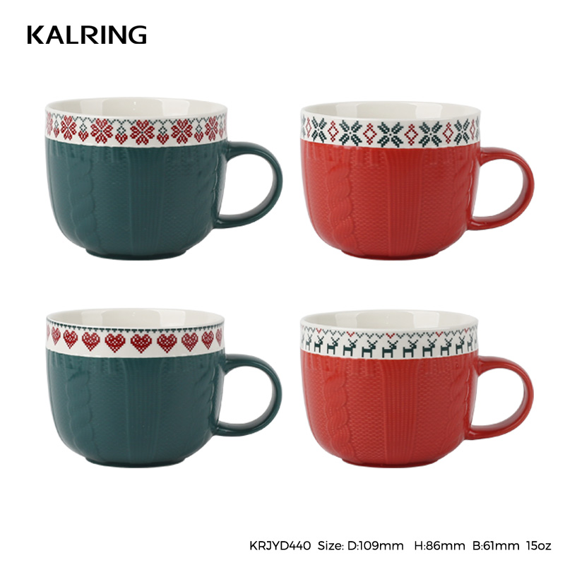 Chrismas mug with embossed mug with color glaze mug with decal for festival