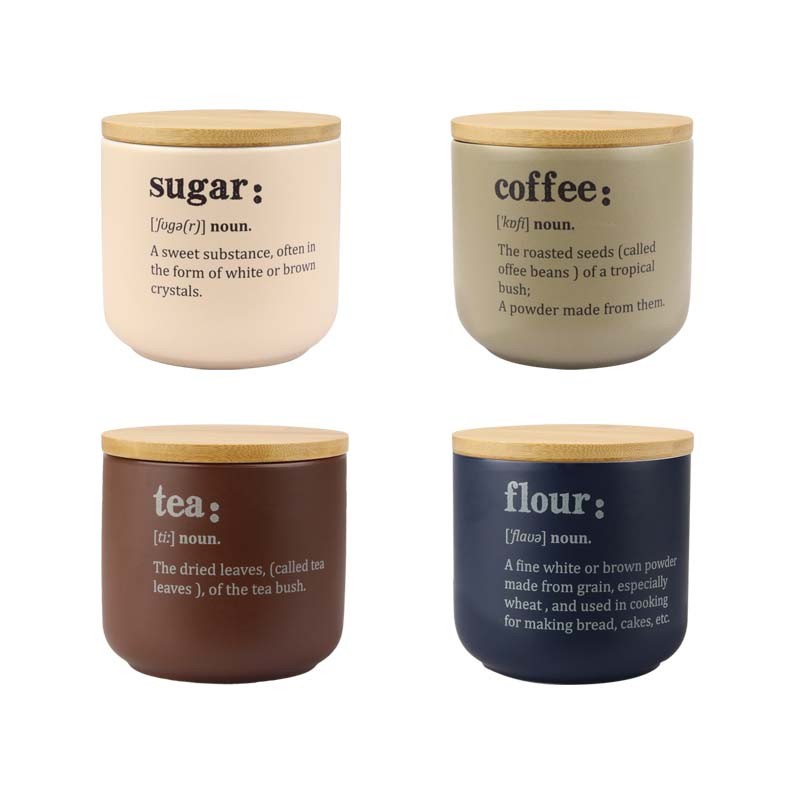 Ceramic Tea & Sugar Storage Jars with Bamboo Lids, 500ml Kitchen Canisters Set