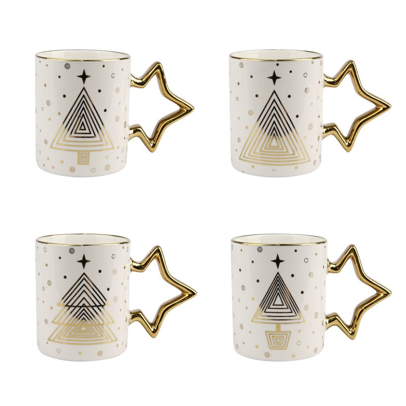 Christmas Ceramic Mugs with Star - Gold Handles, 340ml  Coffee Cups Set of 4, Gift-boxed