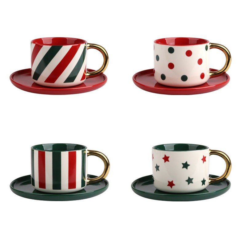 200ml Christmas Cup and Saucer Set - Festive Polka Dot, Star, Striped Designs with Gold Handles