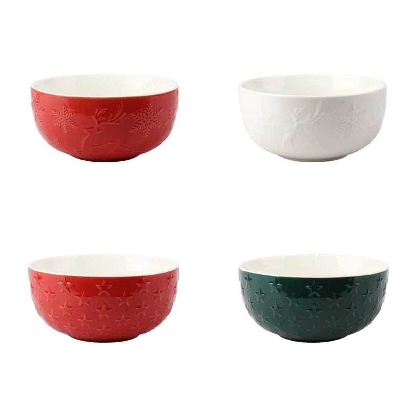 Christmas Embossed Ceramic Bowls Set - 4-Piece 55oz Reindeer & Snowflake Design, Festive Dinnerware